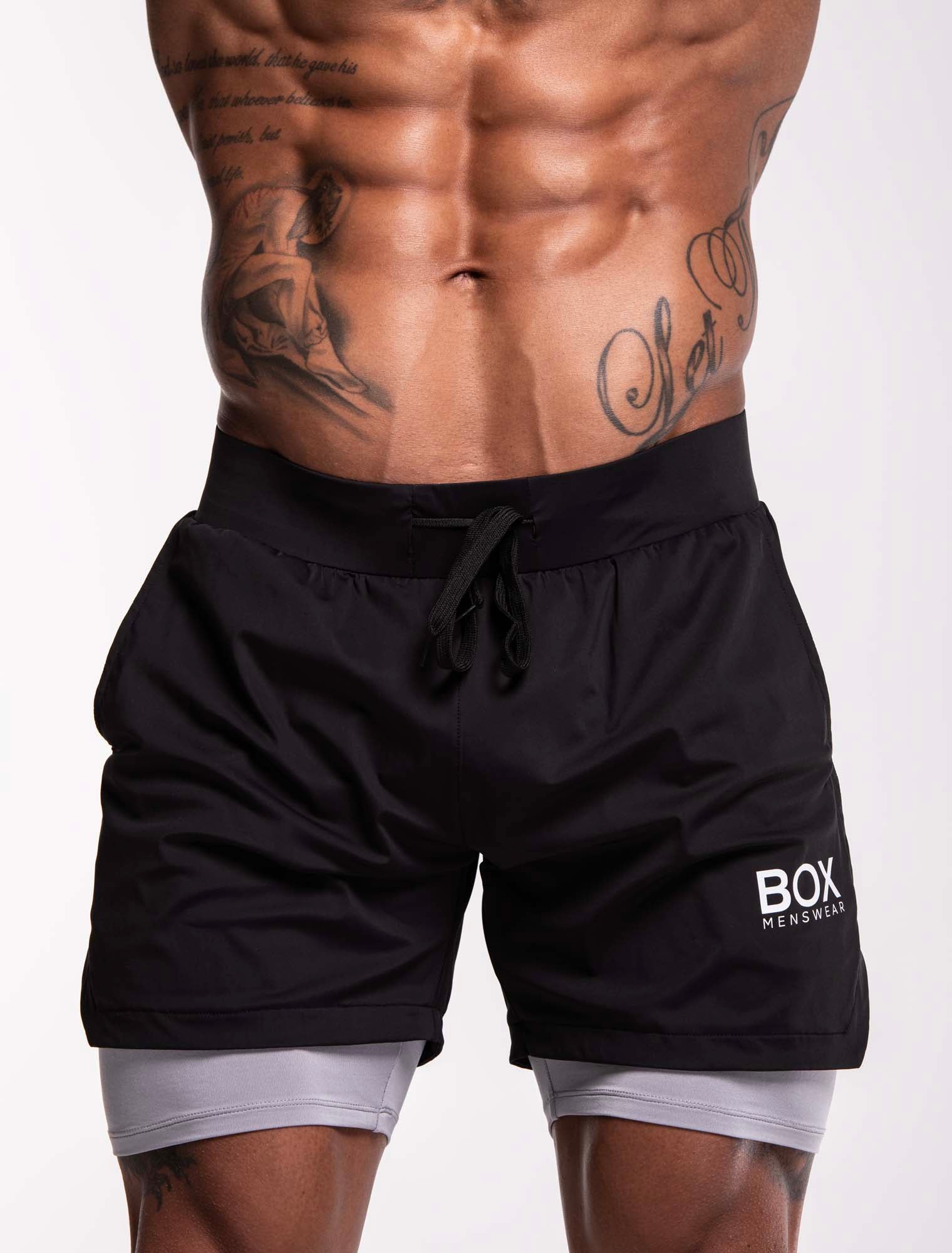 Mens Double Layer Sports Shorts - Black - Image 2