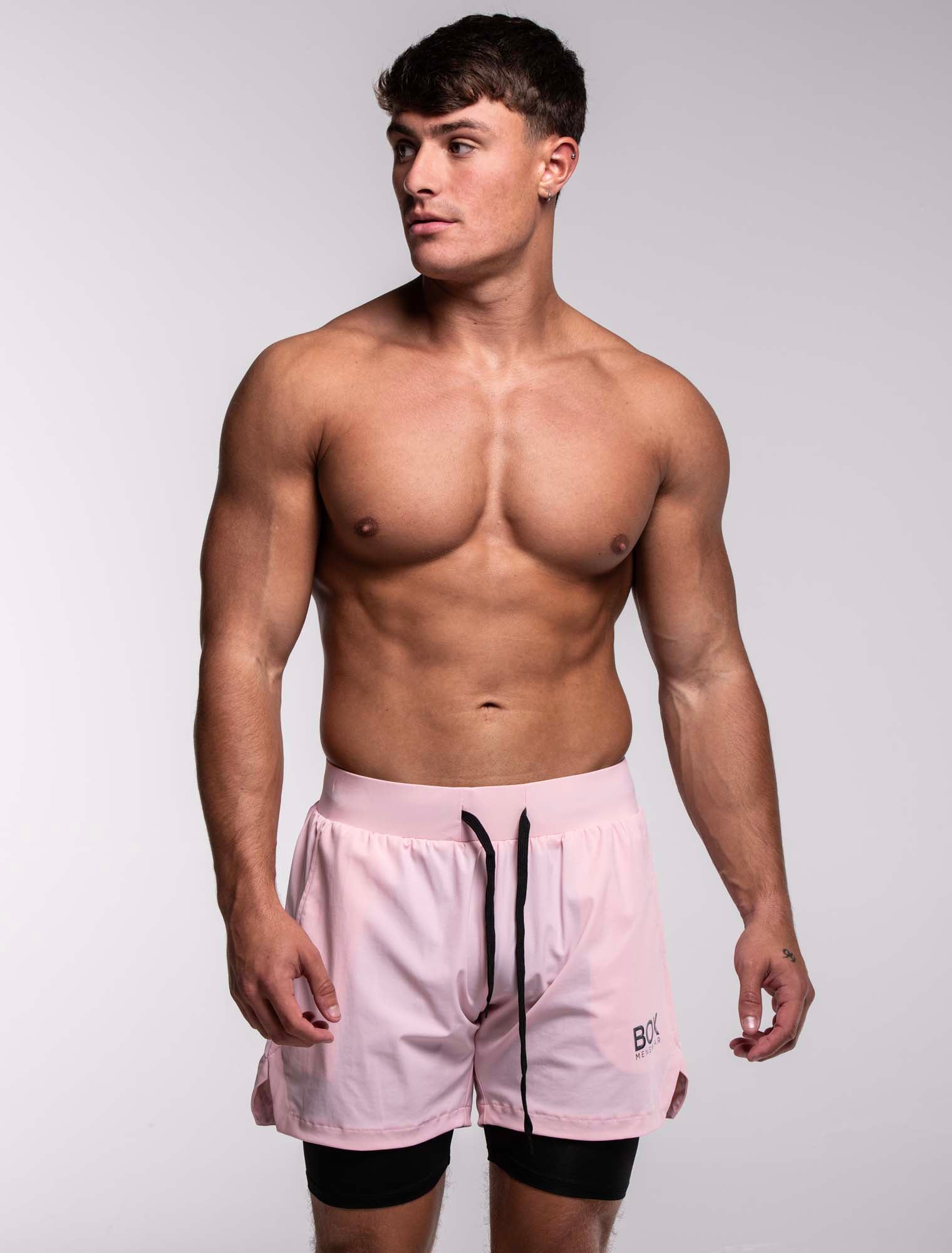 Mens Double Layer Sports Shorts - Pink - Image 10