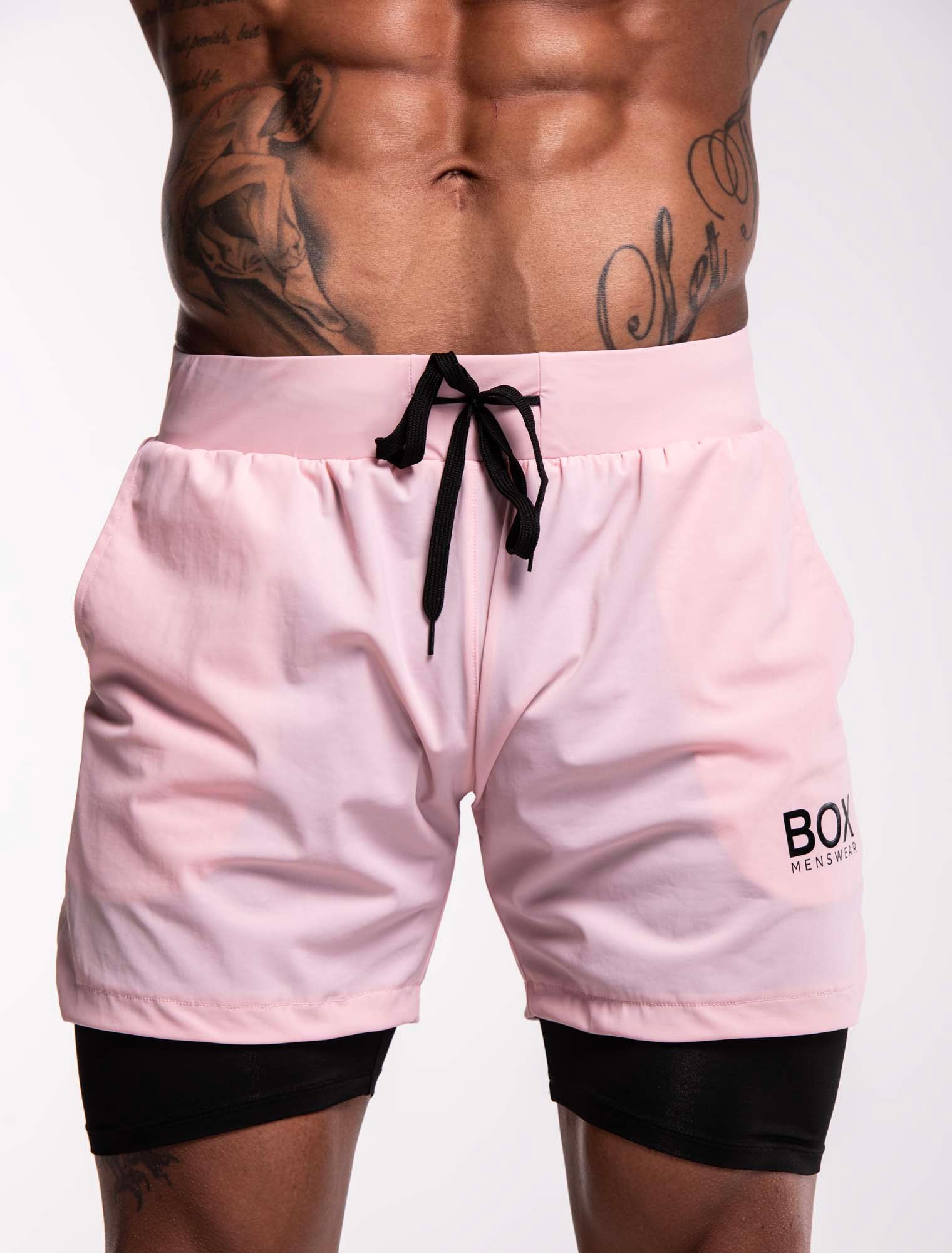 Mens Double Layer Sports Shorts - Pink - Image 2