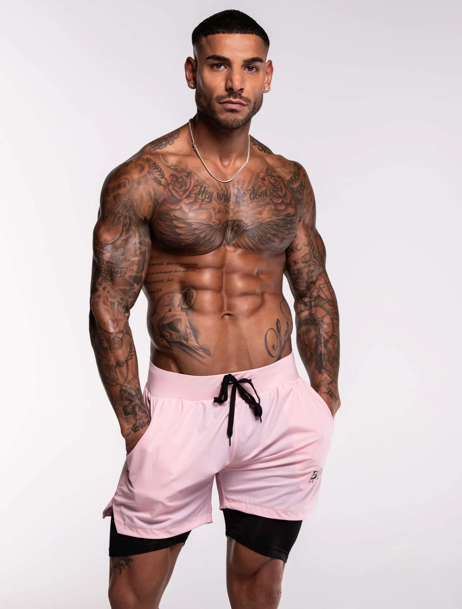 Mens Double Layer Sports Shorts - Pink - Image 5