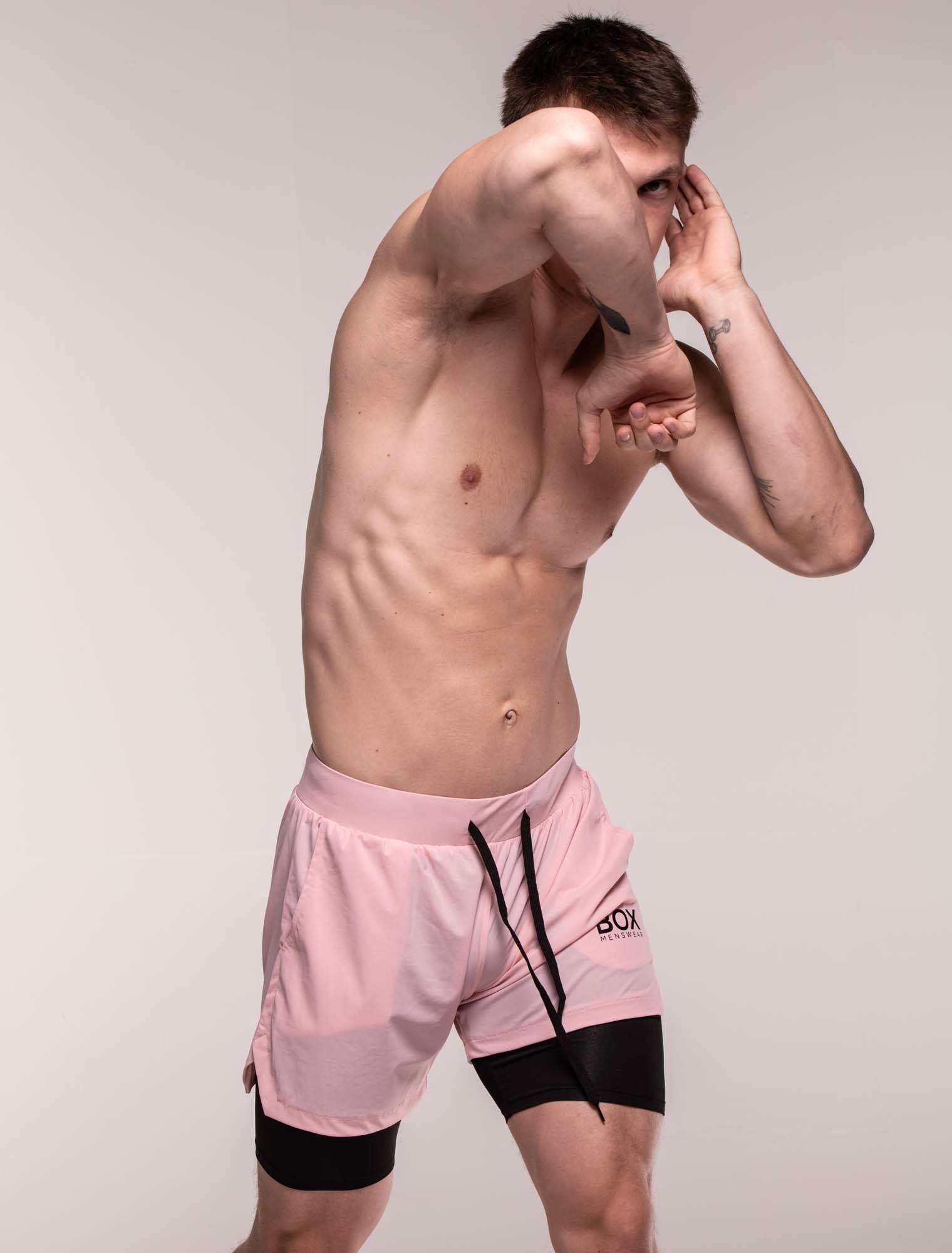 Mens Double Layer Sports Shorts - Pink - Image 6