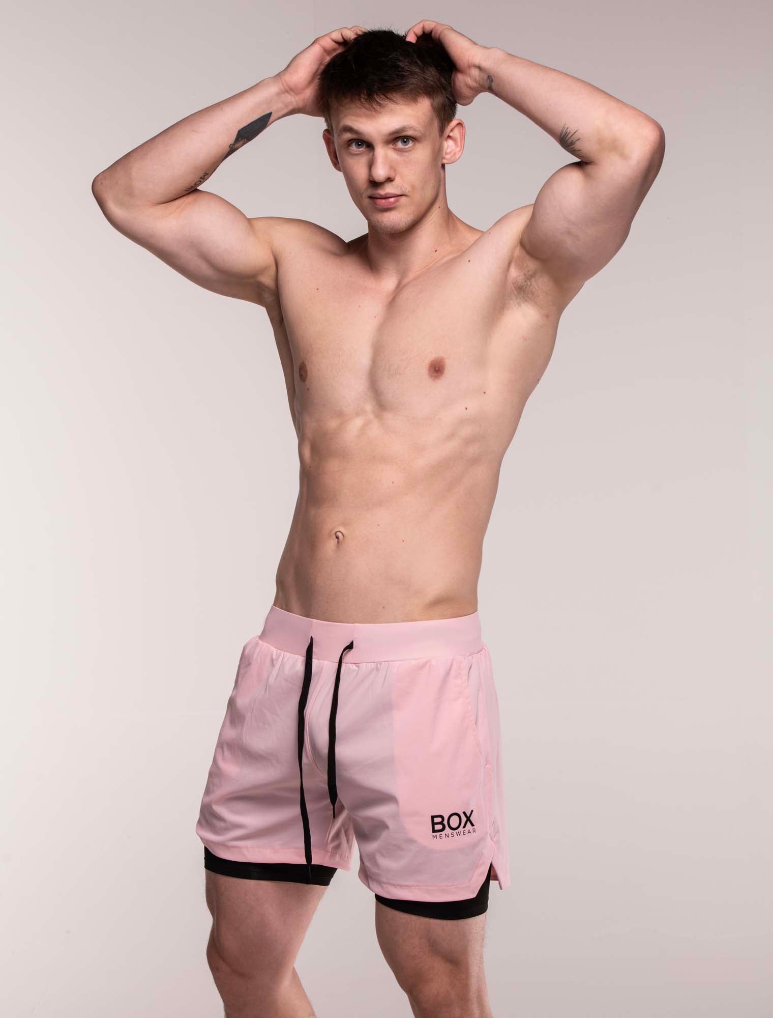 Mens Double Layer Sports Shorts - Pink - Image 7